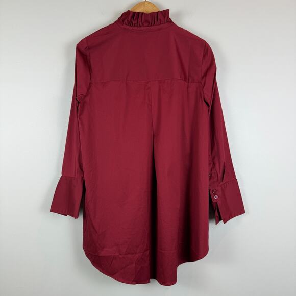 Chico's Top Women 0 US 4 Red Long Sleeve Ruffle Neck Tunic Poplin Button NWT - Picture 3 of 9